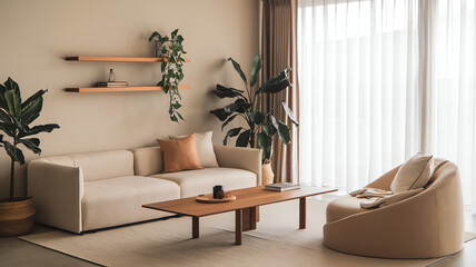 Modern living room interior design featuring minimalist furniture and natural elements