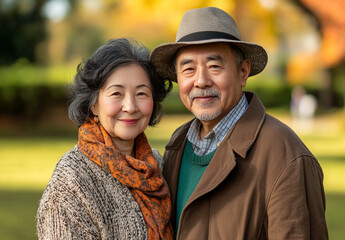 Obraz premium Elderly asian couple smiling in park on sunny day