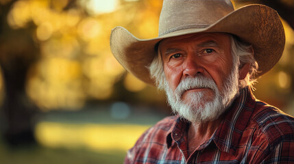 Fototapeta premium Elderly caucasian male cowboy in outdoor setting with sunset lighting