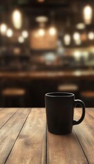 Black Coffee Cup on Empty Wooden Table in Cozy Cafe Setting, Warm and Inviting Ambiance