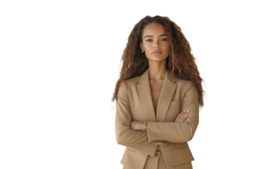 Confident businesswoman in a tailored suit exuding professionalism and poise against a white background