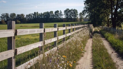 Fototapeta premium A wooden farm fence lined with wildflowers on a dirt pathway under a sunny sky, surrounded by green fields and trees