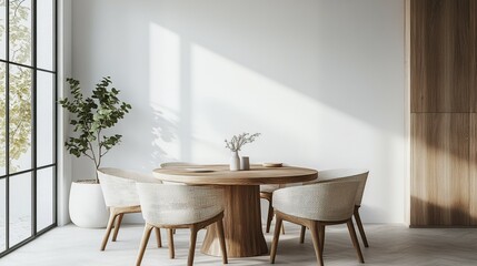 Interior design with wooden round table and chairs. Modern dining room with white wall. Cafe, bar or restaurant interior design. Home interior. 3d rendering.