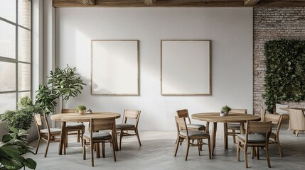 Interior design with wooden round table and chairs. Modern dining room with white wall. Cafe, bar or restaurant interior design. Home interior. 3d rendering.