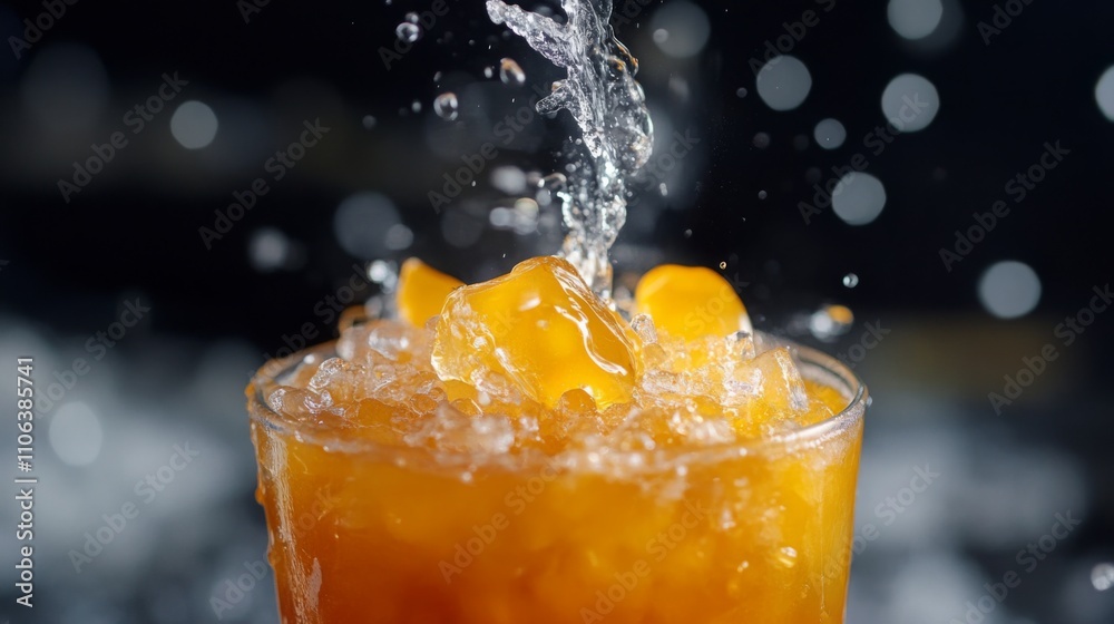 Aufkleber bright orange juice pours over ice in a tall glass, creating splashes as water droplets fall. the ki