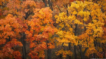 Colorful autumn leaves on red oak trees in shades of orange and yellow.