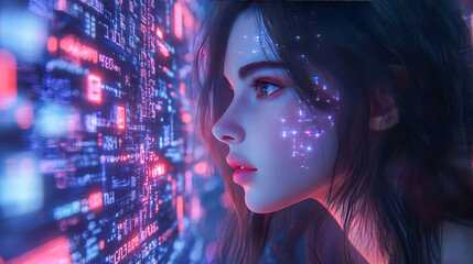 Female young asian analyzing digital display with futuristic hologram effects