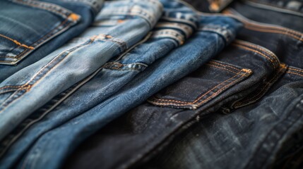 Close-up of distressed denim fabric with visible stitches, seams, and worn-out textures, showcasing rugged style and the timeless appeal of denim material..