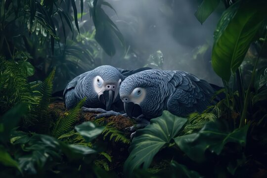 Timneh African grey parrots resting in a misty jungle setting, surrounded by dense foliage.