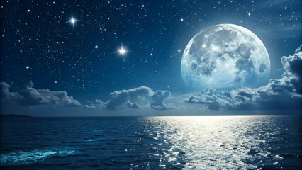 Romantic Moon With Clouds And Starry Sky Over Sparkling Blue Water
