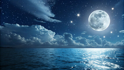 Romantic Moon With Clouds And Starry Sky Over Sparkling Blue Water
