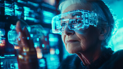 Elderly caucasian female engaging with futuristic technology in augmented reality