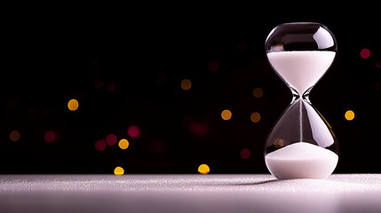 Elegant hourglass filled with shimmering golden sand against a dark backdrop for a timeless ambiance