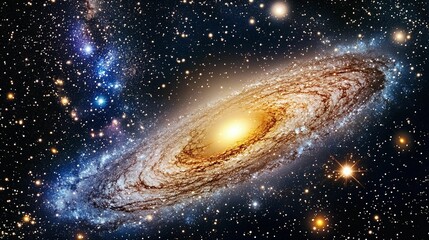 A breathtaking view of a spiral galaxy, surrounded by countless stars, showcases the vastness and beauty of the universe. The galaxy's glowing center creates a mesmerizing cosmic scene.