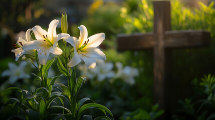 Obraz premium A peaceful garden scene with Easter lilies blooming beside a rustic wooden cross.