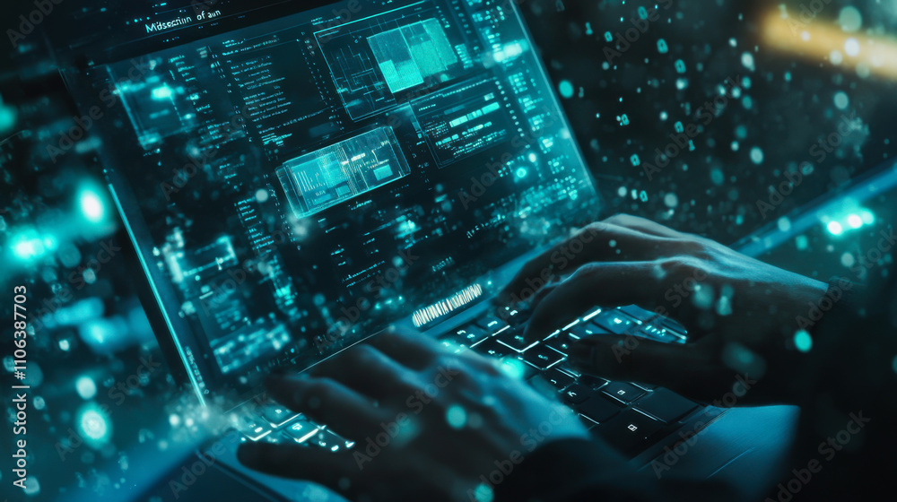 Poster a person engaging in data analysis on a laptop while surrounded by digital graphs and statistics in 