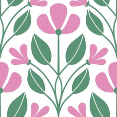 Seamless floral pattern with pink flowers and green leaves on white background