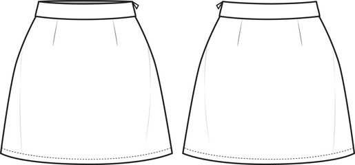 Women's A-Line Skirt- Technical fashion illustration. Front and back, white color. Women's CAD mock-up.