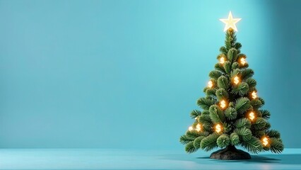 Christmas tree made from digital icons of currency, like pixelated coins and bills, with glowing dollar signs scattered along the branches. The background a soft pastel blue
