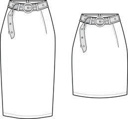 Women's Belted Pencil and Mini Skirt- Technical fashion illustration. Front, white color. Women's CAD mock-up. © DERYA