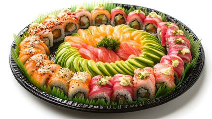 A platter of colorful maki rolls with fresh seafood avocado and wasabi garnish.