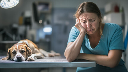 Concerned female veterinarian with sad dog in clinic exam room
