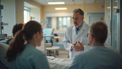 Obraz premium Supportive healthcare team interacting with a patient in a bright hospital room during daylight