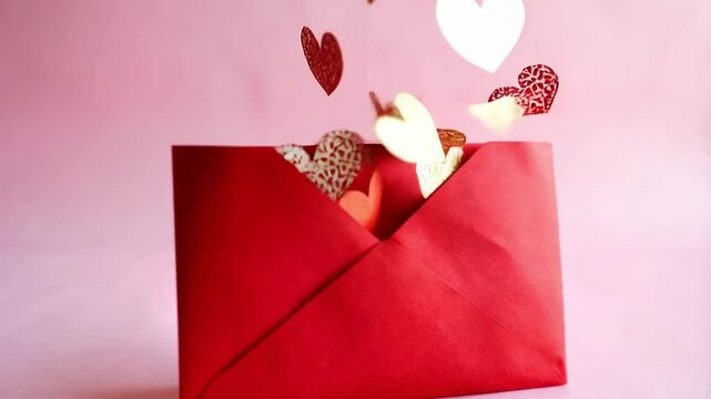 letter envelope with papier origami heart shaped confetti on pastel background. Festive romantic and love concept. Valentines or anniversary day background for greeting card, banner with copy space 