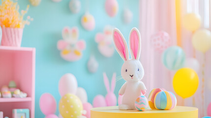 Fototapeta premium A playful Easter-themed photo booth with bunny ears colorful props and pastel backgrounds.