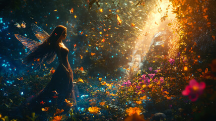 A fairy surrounded by colorful flowers and glowing butterflies in an enchanting forest at sunset