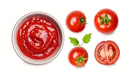 "Delicious tomato ketchup served in a bowl, isolated on a clean white background, highlighting its rich red color and smooth texture, perfect for food photography and culinary use."


