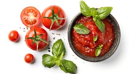 "Delicious tomato ketchup served in a bowl, isolated on a clean white background, highlighting its rich red color and smooth texture, perfect for food photography and culinary use."

