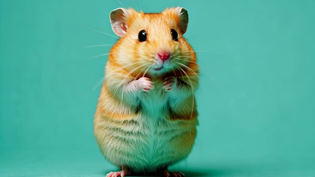 Cute golden hamster standing on hind legs with paws clasped together against a blue background