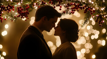 A romantic couple sharing a kiss under a mistletoe branch adorned with red berries softly lit by fairy lights.