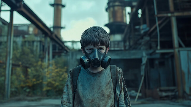 Young caucasian male in gas mask exploring abandoned industrial site