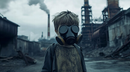 Young caucasian male wearing gas mask in industrial ruins