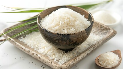 "A simple, clean image of white rice placed on a pure white background, emphasizing the natural texture and purity of the rice, ideal for food photography and culinary uses."

