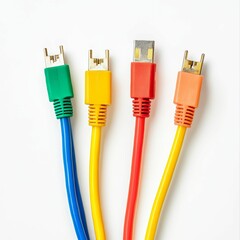 Four colorful cables, connectors, white background.