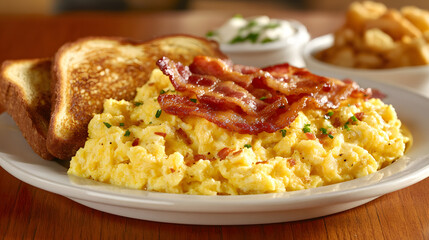 A plate of fluffy scrambled eggs with crispy bacon and buttered toast on the side.