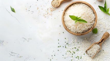 "A simple, clean image of white rice placed on a pure white background, emphasizing the natural texture and purity of the rice, ideal for food photography and culinary uses."

