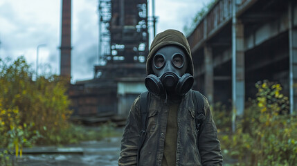 Young person in gas mask exploring abandoned industrial site