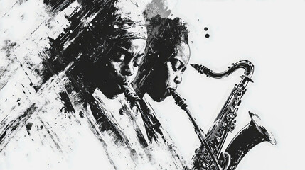 Fototapeta premium African female musicians playing saxophones in black and white artistic painting