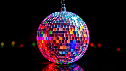 Obraz premium A glittering disco ball, reflecting colorful lights, on a black glossy background. Generative AI
