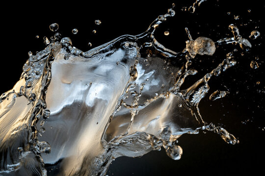 Dynamic water splash texture, frozen motion of droplets in mid-air, clear and vivid, with light refractions on each particle