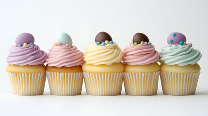 A small row of decorated cupcakes with pastel frosting and tiny chocolate eggs on top.