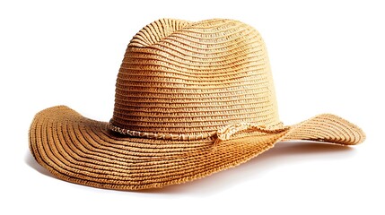 "A stylish women's straw hat isolated on a white background, showcasing its elegant design, perfect for summer fashion, beach trips, and sun protection with a timeless, natural look."

