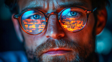 Focused young caucasian male analyzing computer code reflected in glasses