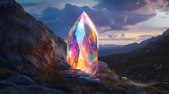 Octane render digital wallpaper capturing the captivating allure of a glowing crystal, harmonizing cosmic geometry with a spectrum of vibrant, prismatic iridescent colors. Prismatic. Illustration