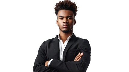 "A confident, young, handsome Black man with crossed arms, looking forward with a strong, focused expression, exuding self-assurance and charisma in a professional or casual setting."

