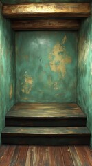 Rustic wooden steps leading to a green wall with distressed paint and a wooden beam above.